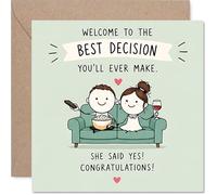 Tarjeta de compromiso juguetona - Big Cheers to the Newly Engaged - Linda pareja acurrucada en un sofá pastel - Texto divertido que trae las vibraciones de celebración - cuadrado de 145 mm, sobre