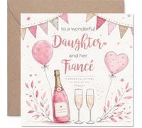 Tarjeta de compromiso sincera - Levanta una copa para amar - Tarjeta rosa y dorada con burbujas, banderines y corazones - Cuadrado de 145 mm, sobre incluido
