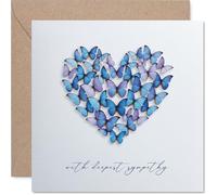 Tarjeta de condolencias reconfortante, palabras suaves para momentos difíciles, corazón de mariposas azules y moradas que trae consuelo, una manera pensada de mostrar que te importa, cuadrado de 145