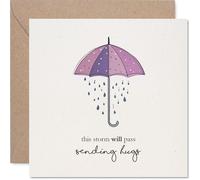 Tarjeta de condolencias reconfortante, palabras suaves para tiempos difíciles, paraguas ilustrado y gotas de lluvia relajantes, cuadrado de 145 mm, sobre incluido