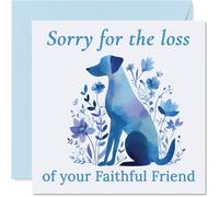 Tarjeta de condolencias reconfortante, palabras suaves para tiempos difíciles, perro sereno con flores moradas y azules, gesto reflexivo para la pérdida de mascotas, cuadrado de 145 mm, sobre incluido