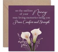 Tarjeta de condolencias reconfortante, pérdida de niñera, palabras suaves de recuerdo, elegantes lirios de cala en color morado calmante - Cuadrado de 145 mm, sobre incluido