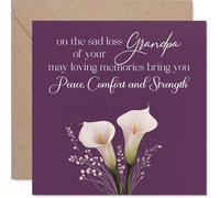 Tarjeta de condolencias reconfortante, pérdida del abuelo, palabras suaves de apoyo, delicadas calas en morado suave y blanco, cuadrado de 145 mm, sobre incluido