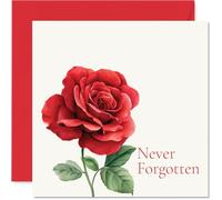 Tarjeta de condolencias sinceras - Un recordatorio suave que nunca están lejos de nuestros pensamientos - Elegante ilustración de rosa roja con texto en inglés "Never Forgotten" - Cuadrado de 145 mm