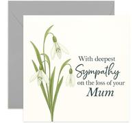 Tarjeta de condolencias solemne para la pérdida de mamá, con texto en inglés "With Deepest Sympathy on the Loss of Your Mum", estilo escrito a mano, para amigos o familiares, interior en blanco con