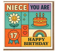 Tarjeta de cumpleaños 17 para sobrina, diseño retro de pastel de colores, arco iris y flores, con texto en inglés "Niece You Are 17 Happy Birthday"