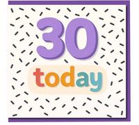 Tarjeta de cumpleaños 30 Today - Morado audaz 30 con tipografía colorida "today" en patrón de confeti - Tarjeta moderna de edad hito para adultos
