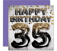 Tarjeta de cumpleaños 35 para hombres, globos negros y dorados con purpurina, tarjetas de feliz cumpleaños para hombre de 35 años, amigo, hermano, papá, tío, 145 mm x 145 mm, treinta y cinco tarjetas