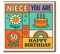 Tarjeta de cumpleaños 50 para sobrina, diseño retro de bloques con pastel, arco iris, margaritas y roseta - "NIECE YOU ARE 50 HAPPY BIRTHDAY"