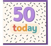 Tarjeta de cumpleaños 50 Today, diseño colorido de hitos con letras moradas atrevidas 50 y multicolor, divertido patrón de confeti