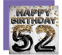 Tarjeta de cumpleaños 52 para hombres, globos negros y dorados con purpurina, tarjetas de feliz cumpleaños para hombre de 52 años, papá, abuelo, abuelo, tío grande, 145 mm x 145 mm, cincuenta y dos