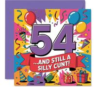 Tarjeta de cumpleaños 54 con texto en inglés "Proper Laugh for Their 54th", diseño multicolor con un eslogan travieso - Cuadrado de 145 mm, sobre incluido