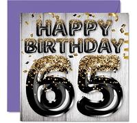 Tarjeta de cumpleaños 65 para hombres, globos negros y dorados con purpurina, tarjetas de feliz cumpleaños para hombre de 65 años, papá, abuelo, abuelo, tío grande, 145 mm x 145 mm, 65 años, tarjetas