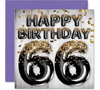 Tarjeta de cumpleaños 66 para hombres, globos negros y dorados con purpurina, tarjetas de feliz cumpleaños para hombre de 66 años, papá, abuelo, abuelo, tío grande, 145 mm x 145 mm, sesenta y seis