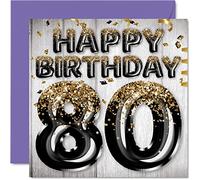 Tarjeta de cumpleaños 80 para hombres, globos negros y dorados con purpurina, tarjetas de feliz cumpleaños para hombre de 80 años, papá, bisabuelo, abuelo, abuelo, abuelo, 145 mm x 145 mm, tarjetas de