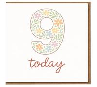 Tarjeta de cumpleaños 9 Today - Número nueve floral en colores pastel con texto "today" escrito a mano, bonito diseño minimalista para 9º cumpleaños