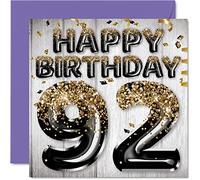 Tarjeta de cumpleaños 92 para hombres, globos negros y dorados con purpurina, tarjetas de feliz cumpleaños para hombre de 92 años, papá, bisabuelo, abuelo, abuelo, abuelo, 145 mm x 145 mm, noventa y
