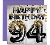 Tarjeta de cumpleaños 94 para hombres, globos negros y dorados con purpurina, tarjetas de feliz cumpleaños para hombre de 94 años, papá, bisabuelo, abuelo, abuelo, abuelo, 145 mm x 145 mm, noventa y