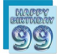 Tarjeta de cumpleaños 99 para hombres, globo de fiesta con purpurina azul, tarjetas de feliz cumpleaños para hombre de 99 años, gran abuelo, abuelo, papá, abuelo, abuelo, 145 mm x 145 mm, tarjetas de
