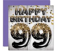 Tarjeta de cumpleaños 99 para hombres, globos negros y dorados con purpurina, tarjetas de feliz cumpleaños para hombre de 99 años, papá, bisabuelo, abuelo, abuelo, abuelo, 145 mm x 145 mm, tarjetas de