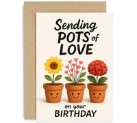 Tarjeta de cumpleaños alegre para amigos, regalo con texto en inglés "Sending POTS of Love", diseño floral vibrante, para hombres y mujeres, para amigos, colegas, familia, interior en blanco con sobre