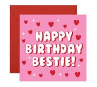 Tarjeta de cumpleaños amigable - "Bestie" corazones rojos - adorable tarjeta para ella, hermana, colega, niñas, mujeres, novias, amigas, pensativas y sinceras - viene con calcomanías dulces