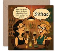 Tarjeta de cumpleaños Cheeky - Wine Lovers Unite - Dibujos animados retro de dos amigos con bromas de cata de vino brutalmente honesta, cuadrada de 145 mm, sobre incluido