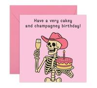 Tarjeta de cumpleaños con diseño de esqueleto "Cakey and Champagney", diseño de vaquera rosa para amigos, ella, él, hermana, colegas, compañeros de trabajo, vecinos, mejores amigas, primas, mujeres