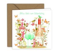 Tarjeta de cumpleaños con diseño de flores coloridas con botella, tarjeta plegable (15 x 15 cm), con sobre de papel kraft, interior en blanco