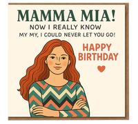 Tarjeta de cumpleaños con letra de Mamma Mia - Diseño divertido para amantes de la música con mujer ilustrada - Tarjeta de feliz cumpleaños para ella, novia, esposa o amiga