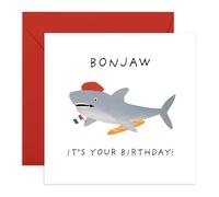 Tarjeta de cumpleaños con texto en inglés "Bonjaw", regalos para amigos, compañeros de trabajo, colegas, pareja, él, ella, tiburón y pan baguette francés, viene con divertidas calcomanías