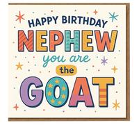 Tarjeta de cumpleaños con texto en inglés "Happy Birthday Nephew You Are The Goat", tipografía colorida con estrellas, divertida tarjeta de cumpleaños para sobrino