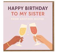 Tarjeta de cumpleaños con texto en inglés "Happy Birthday To My Sister From Another Mister", divertida tarjeta de cumpleaños para hermana con ilustraciones de copas de champán