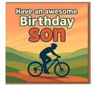 Tarjeta de cumpleaños con texto en inglés "Have an Awesome Birthday Son Cycling" - Silueta de bicicleta de montaña al atardecer sobre Rolling Hills - Para niños deportivos y al aire libre