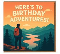 Tarjeta de cumpleaños con texto en inglés "Here's to Birthday" - Tarjeta de cumpleaños de aventura para amantes del aire libre, caminantes, excursionistas y viajeros
