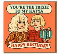 Tarjeta de cumpleaños con texto en inglés "You're the Trixie to My Katya", divertida tarjeta de mejor amigo con ilustración retro dúo, felicitación de feliz cumpleaños inspirada en LGBT