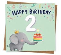 Tarjeta de cumpleaños de 2º cumpleaños para niño, bonito elefante con pastel y confeti, tarjeta de 2 años