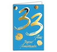 Tarjeta de cumpleaños de 33 años de oro dorado brillante en relieve con textura, para hombre y mujer, texto colorido adecuado para la edad en el interior, sobre incluido, fabricada en Francia,