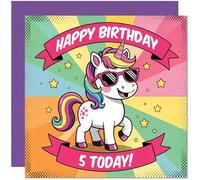 Tarjeta de cumpleaños de 5º unicornio para niñas - Tarjeta de cumpleaños de unicornio arcoíris para niños de 5 años de edad, quinto