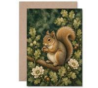 Tarjeta de cumpleaños de ardilla, dije de bosque acogedor, ilustración de estilo vintage con hojas de bellota y roble, toque caprichoso para los amantes de la naturaleza, 5 x 7 pulgadas, sobre