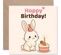 Tarjeta de cumpleaños de conejo - Deseos de cumpleaños Hoppy - Adorable conejo en sombrero de fiesta con pastel de zanahoria - Diseño de dibujos animados alegre para los amantes de los animales