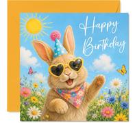 Tarjeta de cumpleaños de conejo, llena de alegría de cumpleaños, alegre con gafas de sol en forma de corazón, sombrero de fiesta y prado colorido, cuadrado de 145 mm, sobre incluido