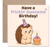 Tarjeta de cumpleaños de erizo - Prickin' Awesome Wishes - Linda caricatura en un sombrero de fiesta con un cupcake esmerilado - Diversión de cumpleaños caprichosa para los amantes de los animales