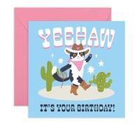 Tarjeta de cumpleaños de estilo rústico con texto en inglés "Yeehaw! It's Your Birthday!" - Gato vaquero con ilustración de cactus - Divertido saludo para amiga, hija, hermana, amante de los gatos