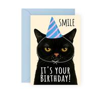 Tarjeta de cumpleaños de gato, gato negro gruñón con sombrero de fiesta, divertida tarjeta de cumpleaños de animales para él, ella, amigos, hermanos, hermano, hermana, dueños de mascotas, mamá peluda