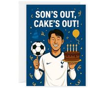Tarjeta de cumpleaños de los Spurs - Divertida tarjeta de fútbol de Heung-Min - Diseño "Son's Out, Cake's Out" - Regalo para fanáticos de los Spurs para él, niños, hombres - Estilo oficial inspirado