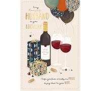 Tarjeta de cumpleaños de lujo con texto en inglés "To My Amazing Husband", vino tinto, regalos y globos con detalle de aluminio brillante de Wishing Well Studios, tamaño 15,2 x 22,8 cm