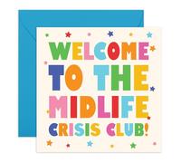 Tarjeta de cumpleaños de mediana edad con texto en inglés "Welcome to the Midlife Crisis Club!" - Letras coloridas - Divertida felicitación de cumpleaños para él, ella, amigo, marido, esposa, colega