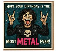 Tarjeta de cumpleaños de metal con texto en inglés "Hope Your Birthday Is the Most Metal Ever!", divertida tarjeta de música rock lanzando los cuernos con calavera