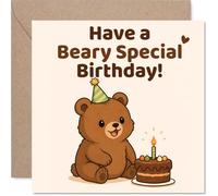 Tarjeta de cumpleaños de oso - Deseándote un día especial de oso - Marrón juguetón con sombrero de fiesta e ilustración de pastel - Cálida y encantadora alegría de cumpleaños - 145 mm cuadrada, sobre